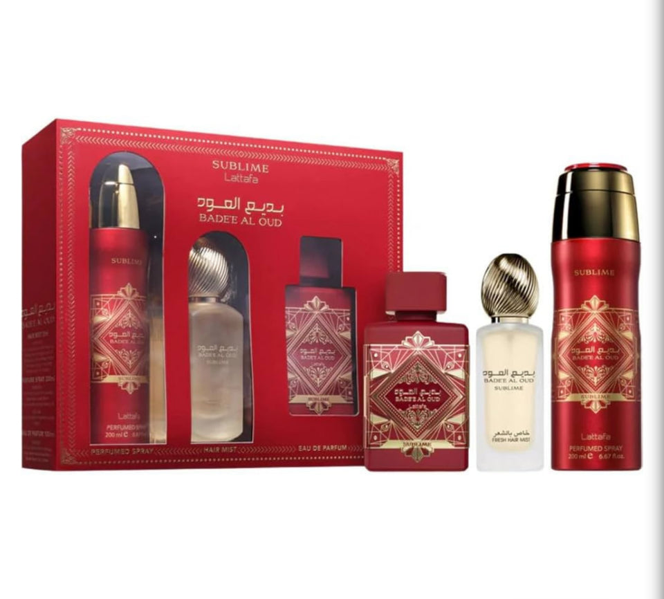 Lattafa Badee Al Oud Sublime 3 PC Gift Set EDP Perfume + Hair Mist + Body Spray