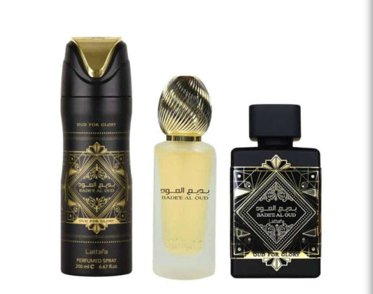 Lattafa Bade'e Al Oud Glory 3PC Gift Set 3.4oz EDP + Deo Spray + Hair Mist