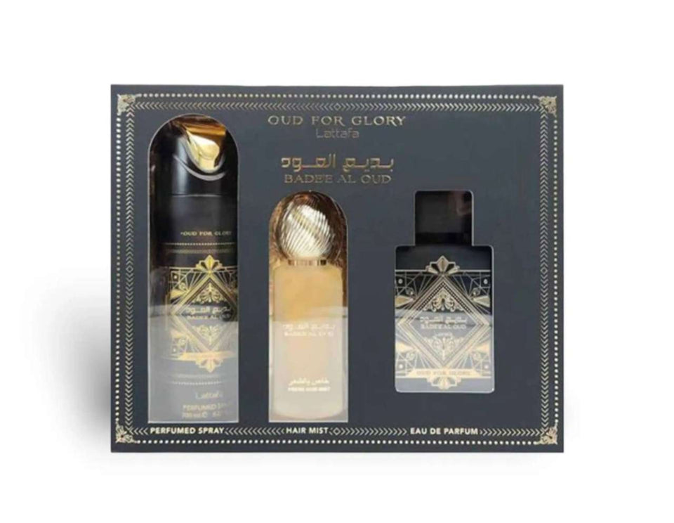 Lattafa Bade'e Al Oud Glory 3PC Gift Set 3.4oz EDP + Deo Spray + Hair Mist