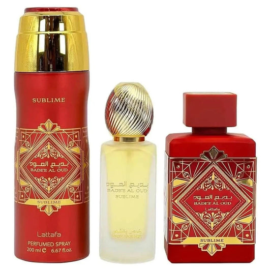 Lattafa Badee Al Oud Sublime 3 PC Gift Set EDP Perfume + Hair Mist + Body Spray