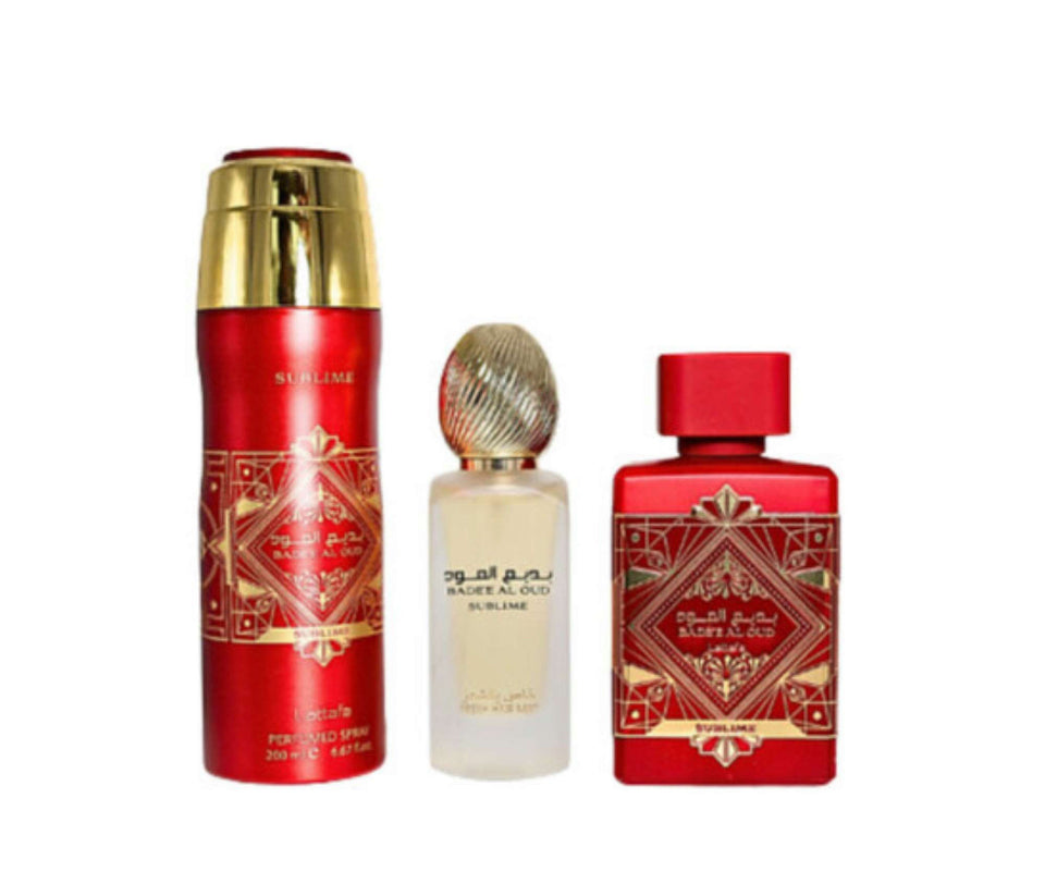 Lattafa Badee Al Oud Sublime 3 PC Gift Set EDP Perfume + Hair Mist + Body Spray