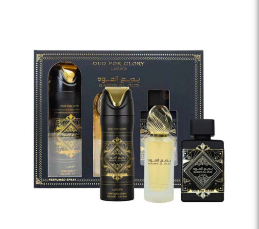 Lattafa Bade'e Al Oud Glory 3PC Gift Set 3.4oz EDP + Deo Spray + Hair Mist