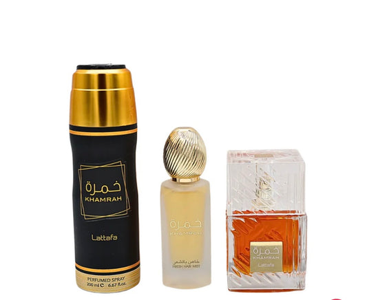 3-Piece Gift Set Khamrah By Lattafa 100ml 3.4 FL OZ Eau De Parfum, Perfumed