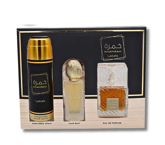 3-Piece Gift Set Khamrah By Lattafa 100ml 3.4 FL OZ Eau De Parfum, Perfumed