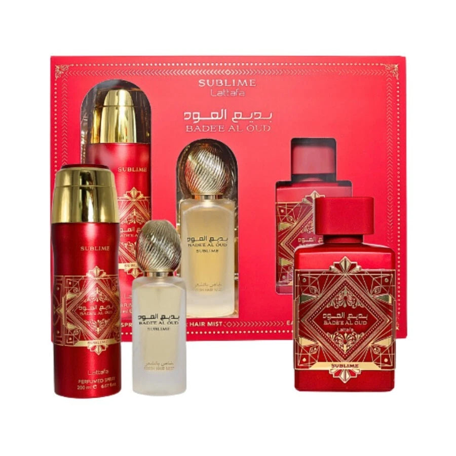 Lattafa Badee Al Oud Sublime 3 PC Gift Set EDP Perfume + Hair Mist + Body Spray